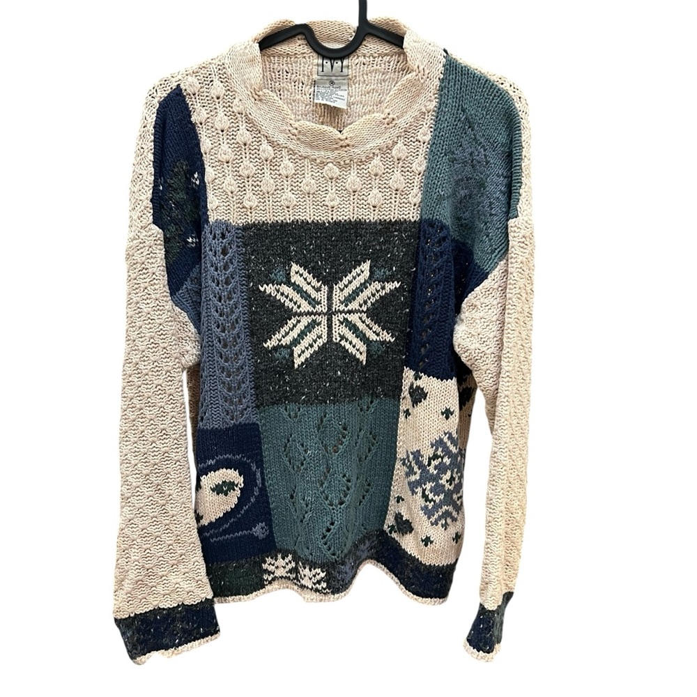 Ivy M Cream and Blue Crew Neck Sweater with Patterns Ramie Cotton blend
